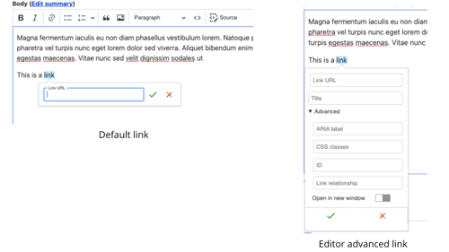 Drupal's Editor Advanced Link module at work in the wysiwyg editor