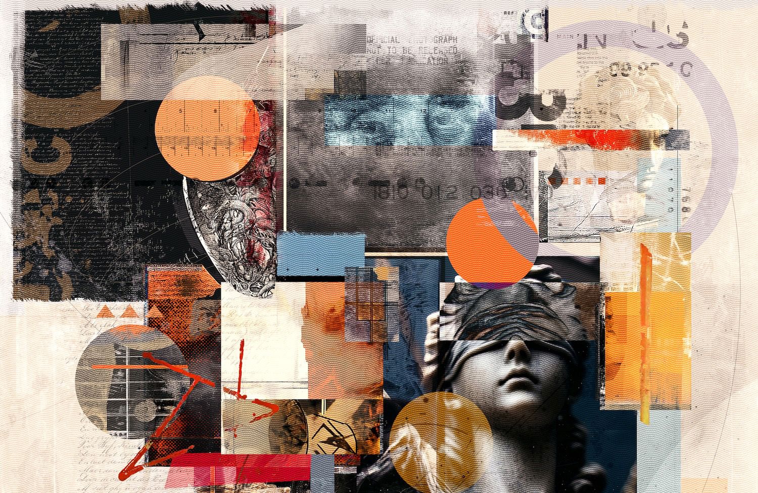 Abstract collage artwork. Mixed media with vintage photographs, geometric shapes, and textured elements.