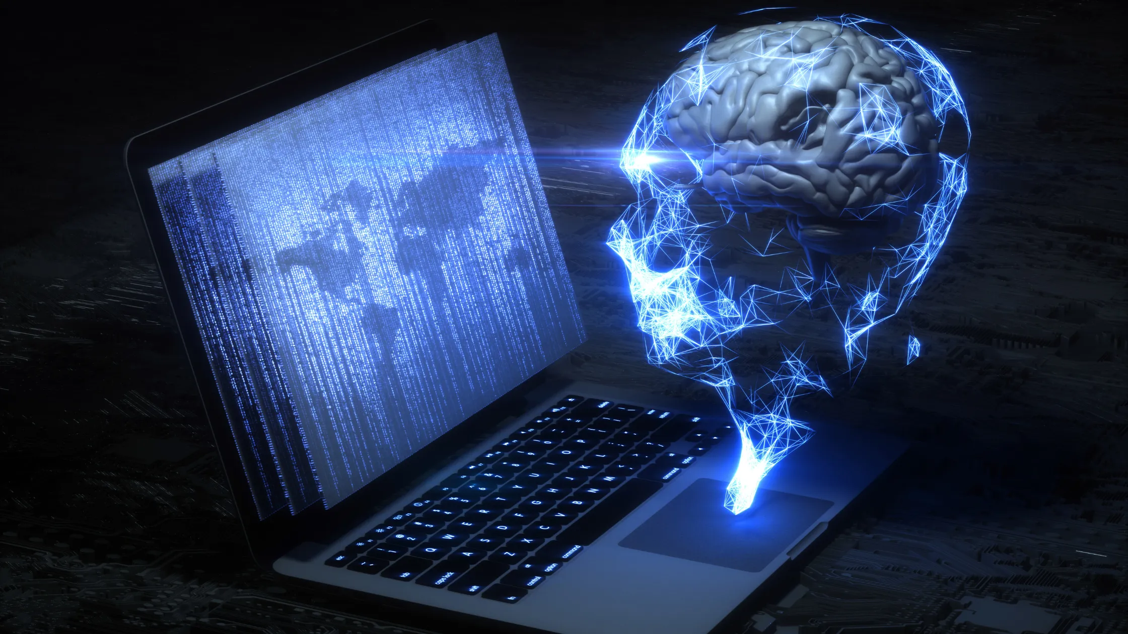 a brain with blue lights portraying the head looking at a computer screen of a map in blue matrix style.