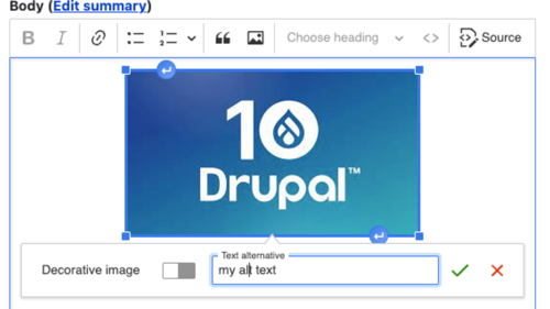 Adding alt text to images in the Drupal wysiwyg editor