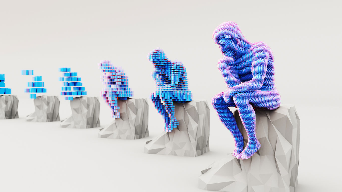 Structure made of cubes in the shape of a thinking or contemplating person that evolves from simple to complex, 3D render.