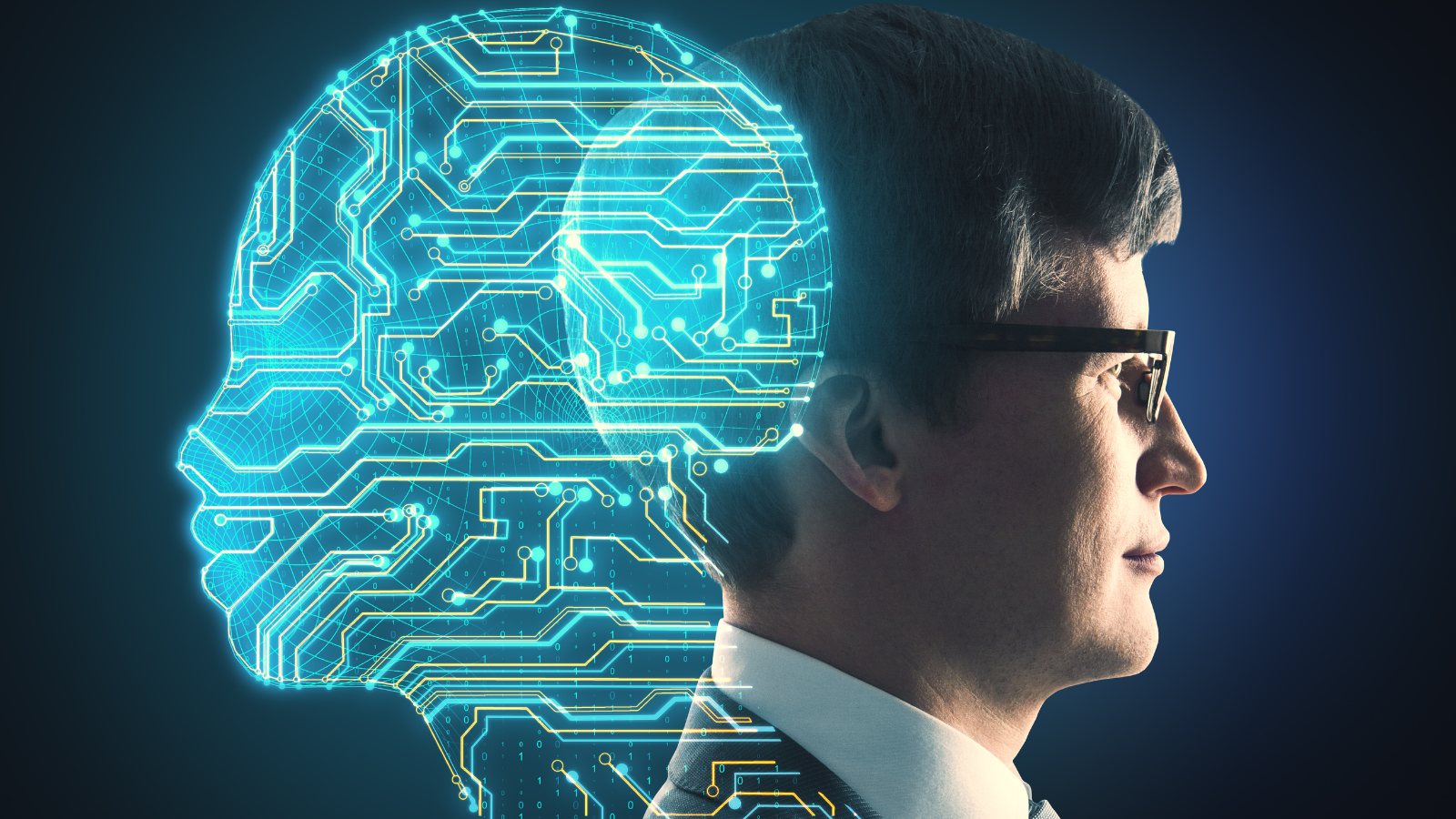 a man's face looking right with a representation of a face using AI connections