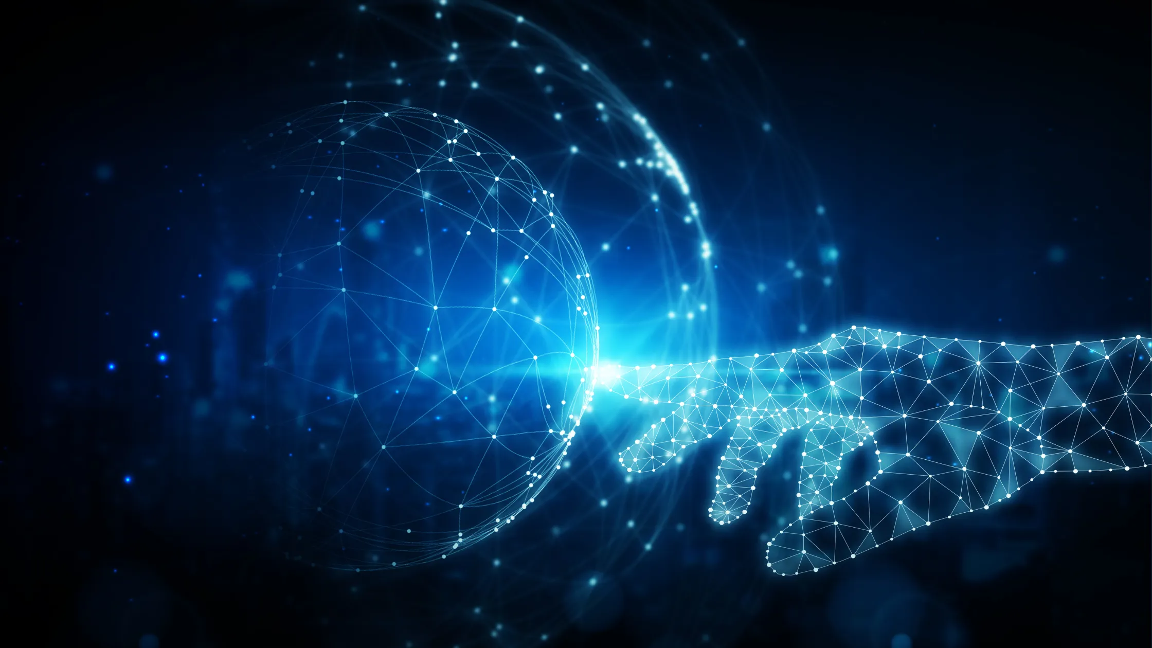 A hand touching a globe using blue and lights as computer connections
