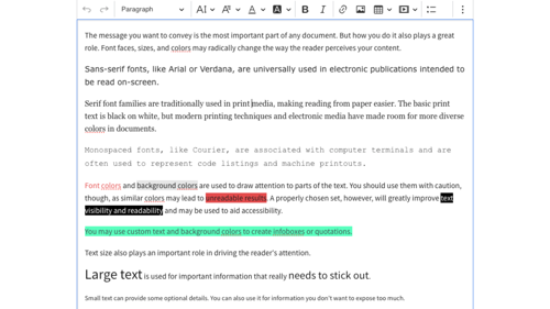 Screenshot of wysiwyg editor in Drupal with new font editing options